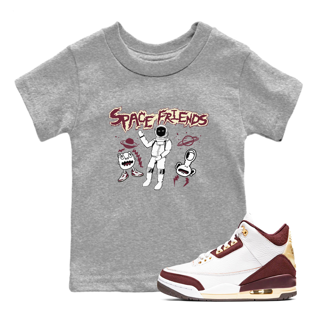 AJ3 A Ma Maniere x Burgundy Crush shirts to match jordans Space Friends sneaker match tees A Ma Maniére x Air Jordan 3 "Burgundy Crush" Drip Gear Zone streetwear brand Baby and Youth Heather Grey 1 cotton tee
