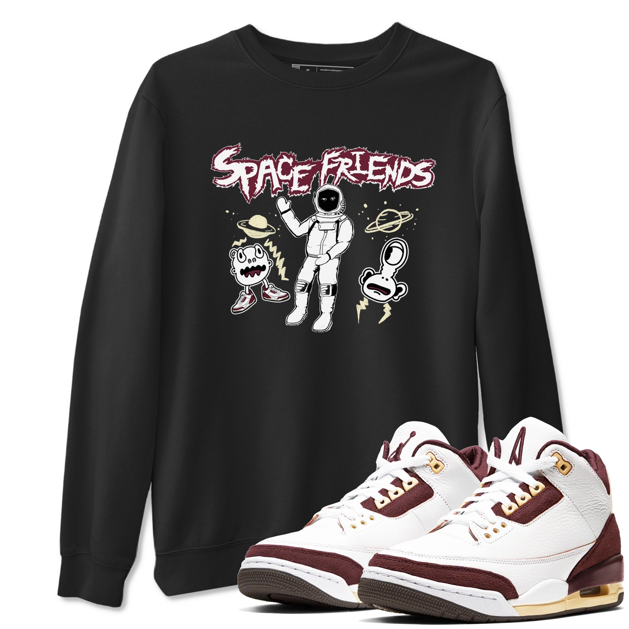 AJ3 A Ma Maniere x Burgundy Crush shirts to match jordans Space Friends sneaker match tees A Ma Maniére x Air Jordan 3 "Burgundy Crush" Drip Gear Zone streetwear brand Black 1 unisex cotton tee