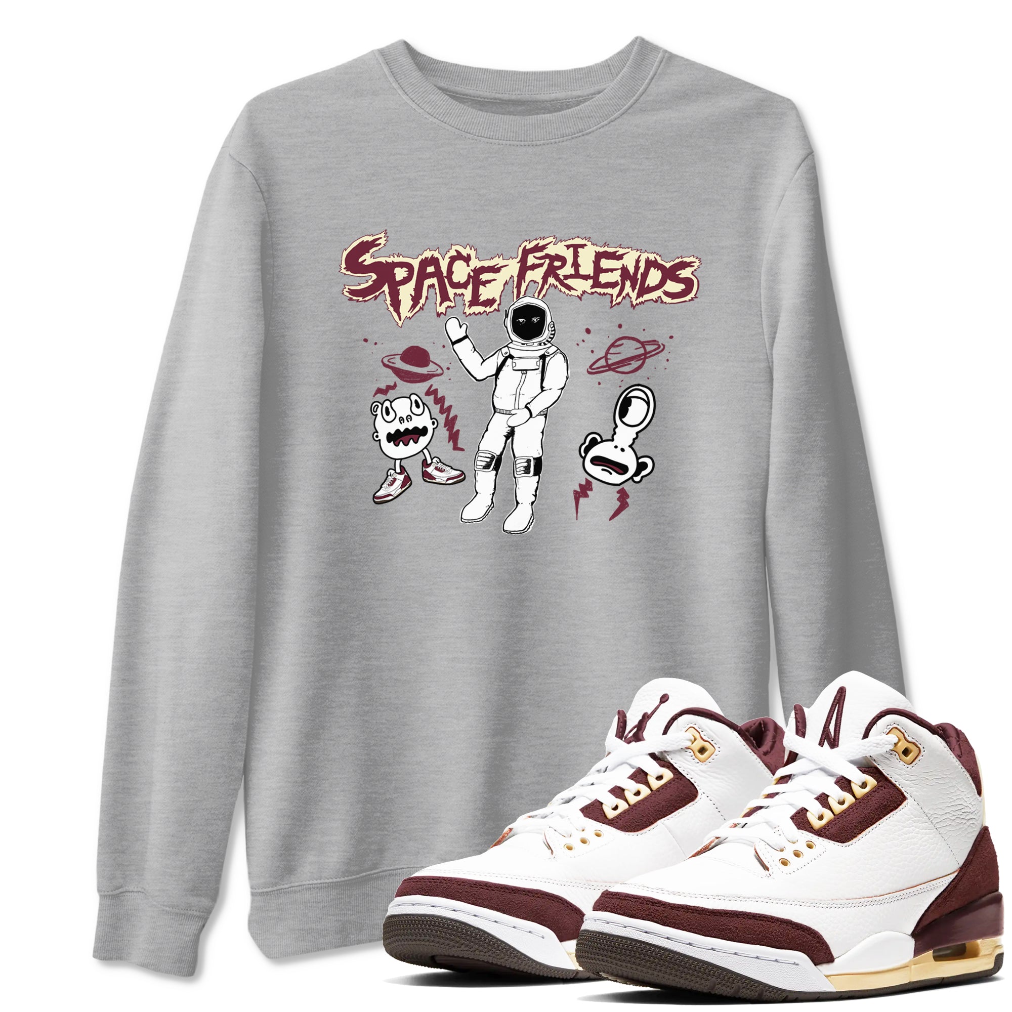 AJ3 A Ma Maniere x Burgundy Crush shirts to match jordans Space Friends sneaker match tees A Ma Maniére x Air Jordan 3 "Burgundy Crush" Drip Gear Zone streetwear brand Heather Grey 1 unisex cotton tee