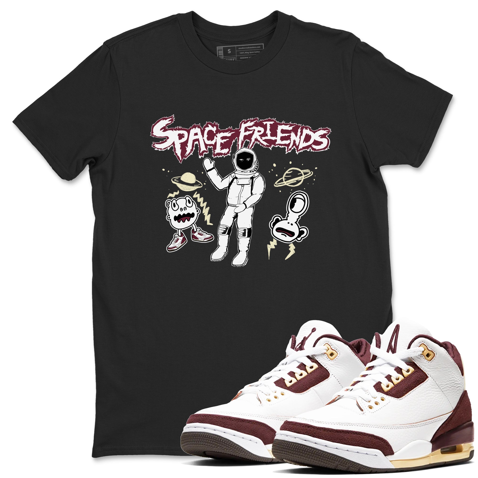 AJ3 A Ma Maniere x Burgundy Crush shirts to match jordans Space Friends sneaker match tees A Ma Maniére x Air Jordan 3 "Burgundy Crush" Drip Gear Zone streetwear brand Black 1 unisex cotton tee