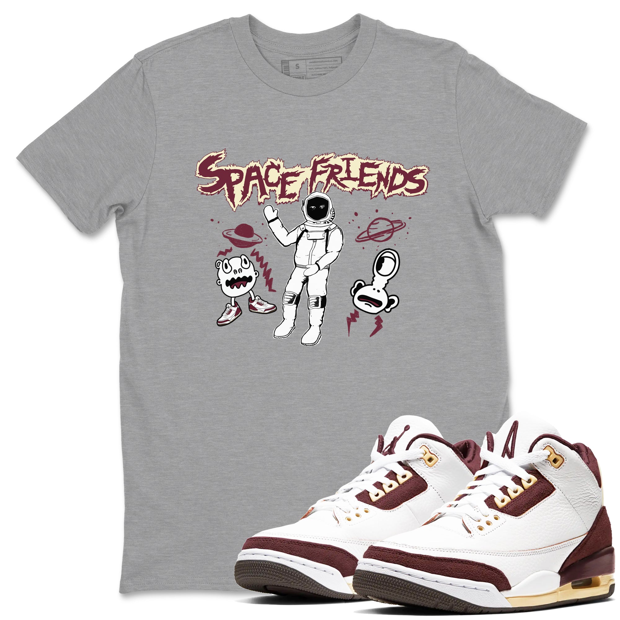 AJ3 A Ma Maniere x Burgundy Crush shirts to match jordans Space Friends sneaker match tees A Ma Maniére x Air Jordan 3 "Burgundy Crush" Drip Gear Zone streetwear brand Heather Grey 1 unisex cotton tee