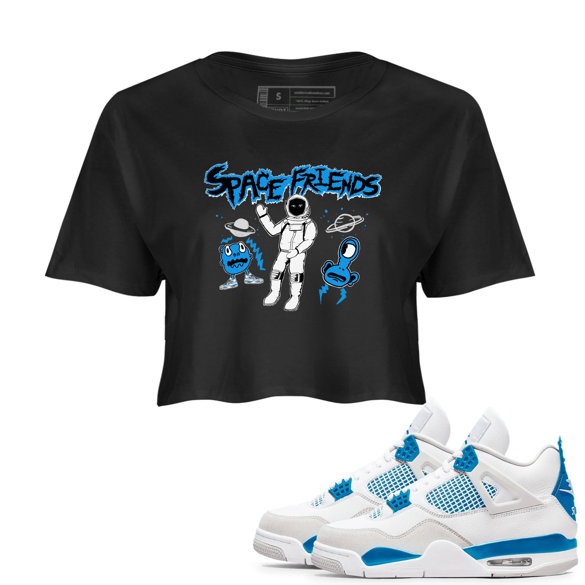 4s Military Blue shirt to match jordans Space Friends sneaker tees Air Jordan 4 Military Blue Streetwear Brand Streetwear Brand Drip Gear Zone Black 1 crop length shirt