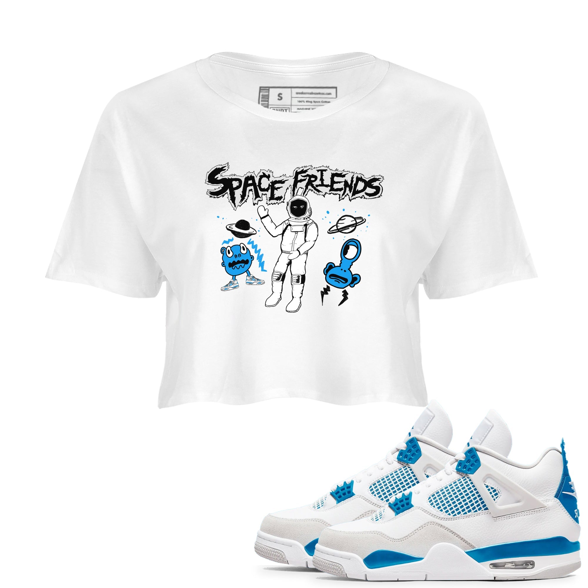 4s Military Blue shirt to match jordans Space Friends sneaker tees Air Jordan 4 Retro Military Blue Streetwear Brand Drip Gear Zone White 1 crop length shirt