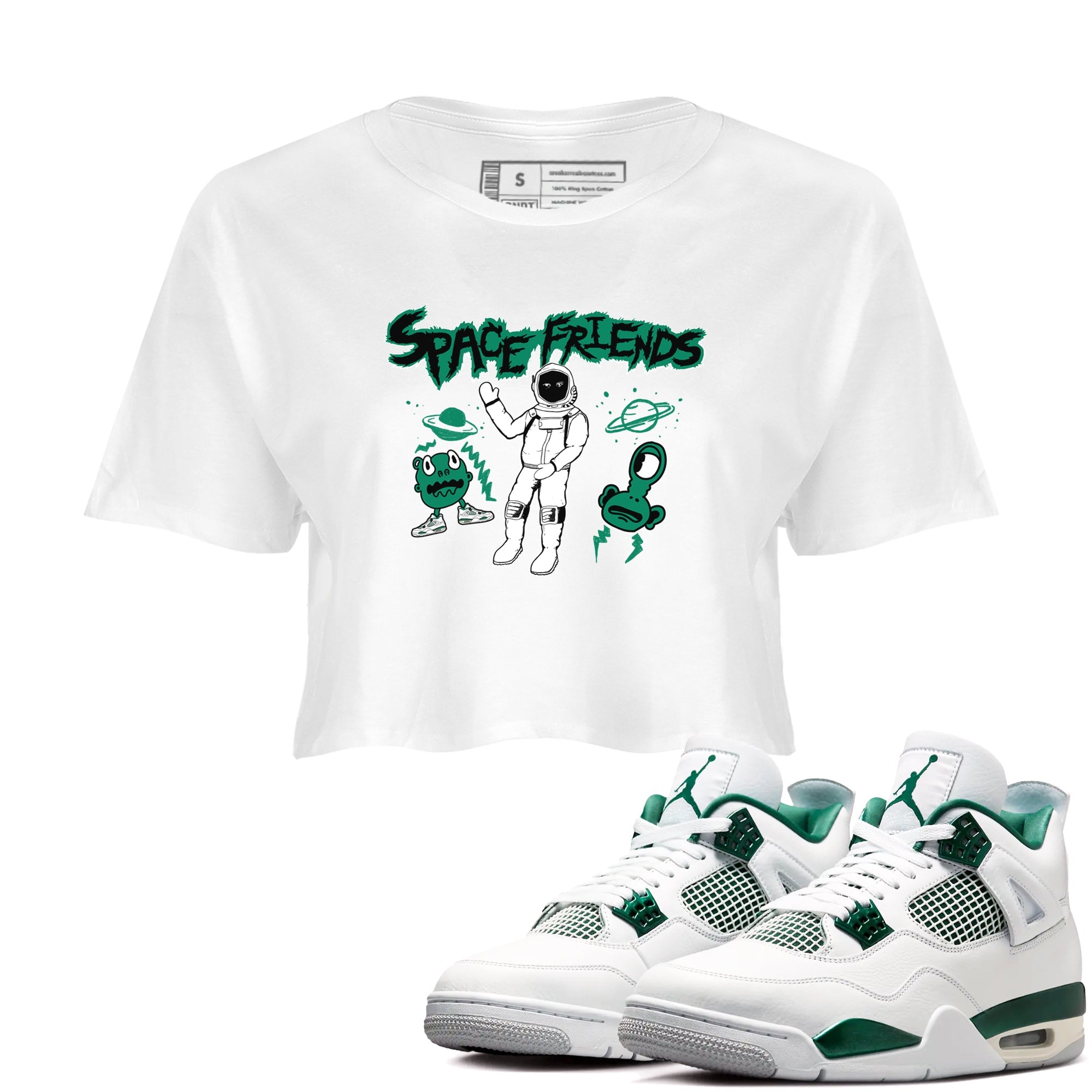 4s Oxidized Green shirts to match jordans Space Friends sneaker match tees Air Jordan 4 Oxidized Green Drip Gear Zone streetwear brand White 1 crop tee