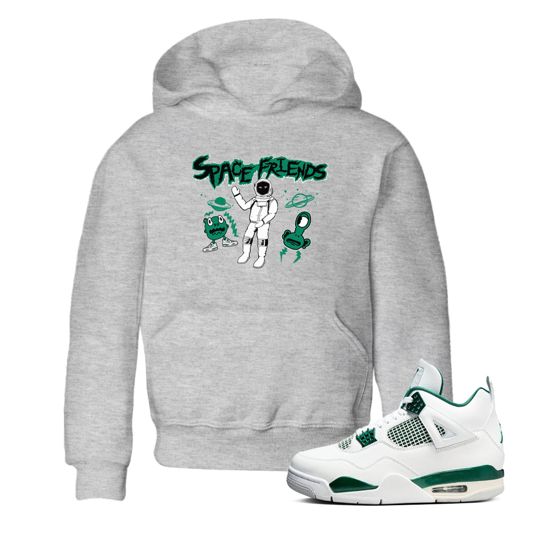 4s Oxidized Green shirts to match jordans Space Friends sneaker match tees Air Jordan 4 Oxidized Green Drip Gear Zone streetwear brand Baby and Youth Heather Grey 1 cotton tee