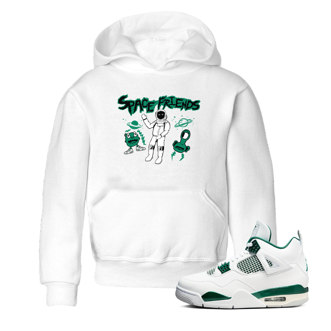 4s Oxidized Green shirts to match jordans Space Friends sneaker match tees Air Jordan 4 Oxidized Green Drip Gear Zone streetwear brand Baby and Youth White 1 cotton tee