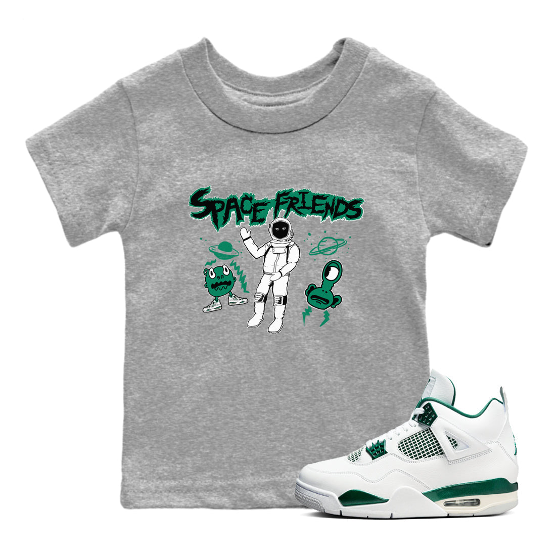 4s Oxidized Green shirts to match jordans Space Friends sneaker match tees Air Jordan 4 Oxidized Green Drip Gear Zone streetwear brand Baby and Youth Heather Grey 1 cotton tee