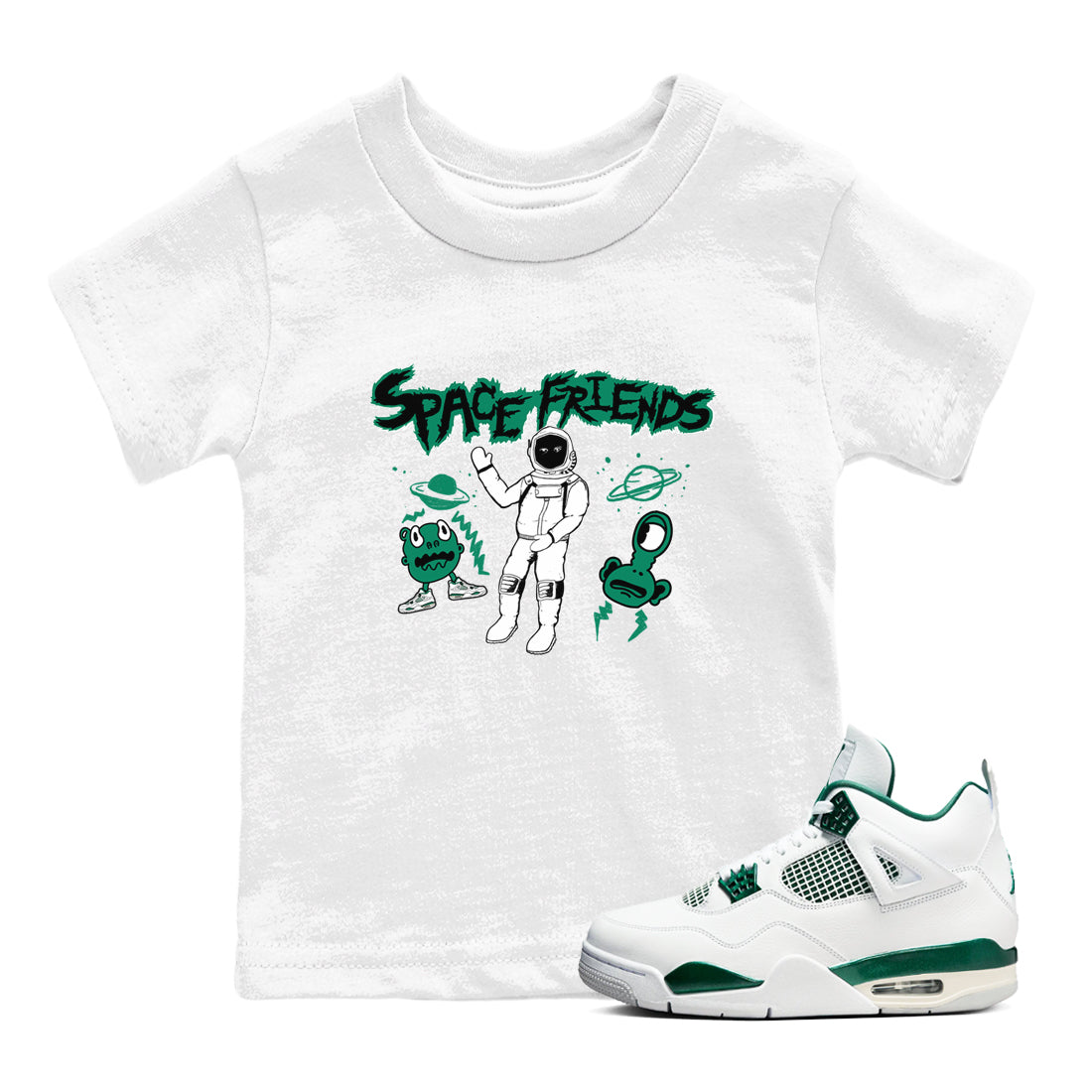 4s Oxidized Green shirts to match jordans Space Friends sneaker match tees Air Jordan 4 Oxidized Green Drip Gear Zone streetwear brand Baby and Youth White 1 cotton tee