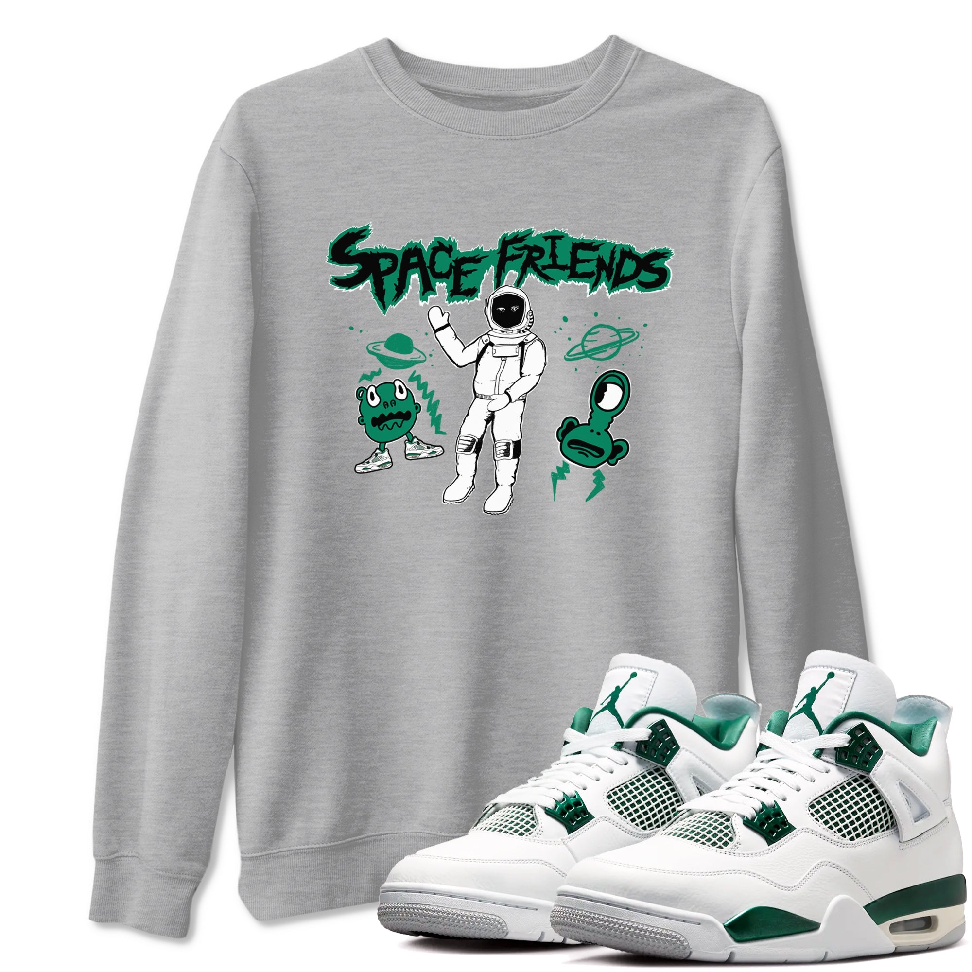 4s Oxidized Green shirts to match jordans Space Friends sneaker match tees Air Jordan 4 Oxidized Green Drip Gear Zone streetwear brand Heather Grey 1 unisex cotton tee