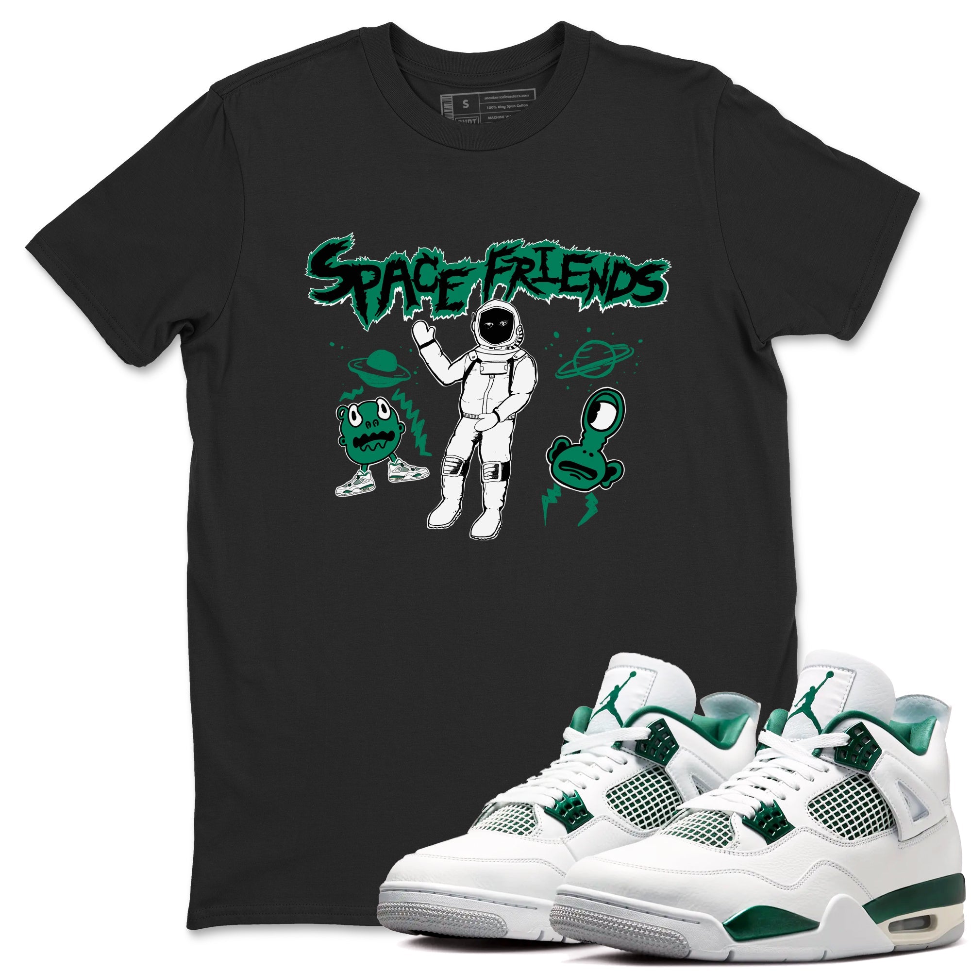 4s Oxidized Green shirts to match jordans Space Friends sneaker match tees Air Jordan 4 Oxidized Green Drip Gear Zone streetwear brand Black 2 unisex cotton tee