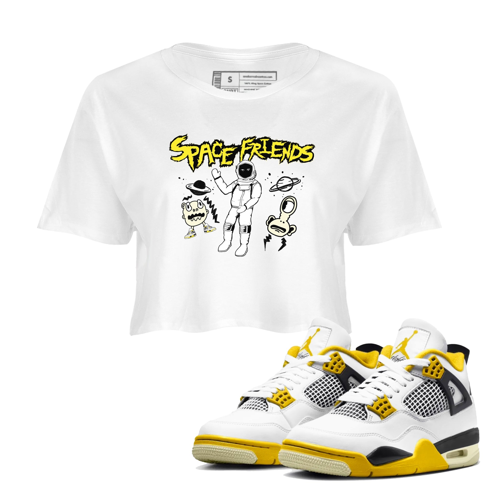 4s Vivid Sulfur shirt to match jordans Space Friends sneaker tees AJ4 Vivid Sulfur Streetwear Brand Drip Gear Zone White 1 crop length shirt