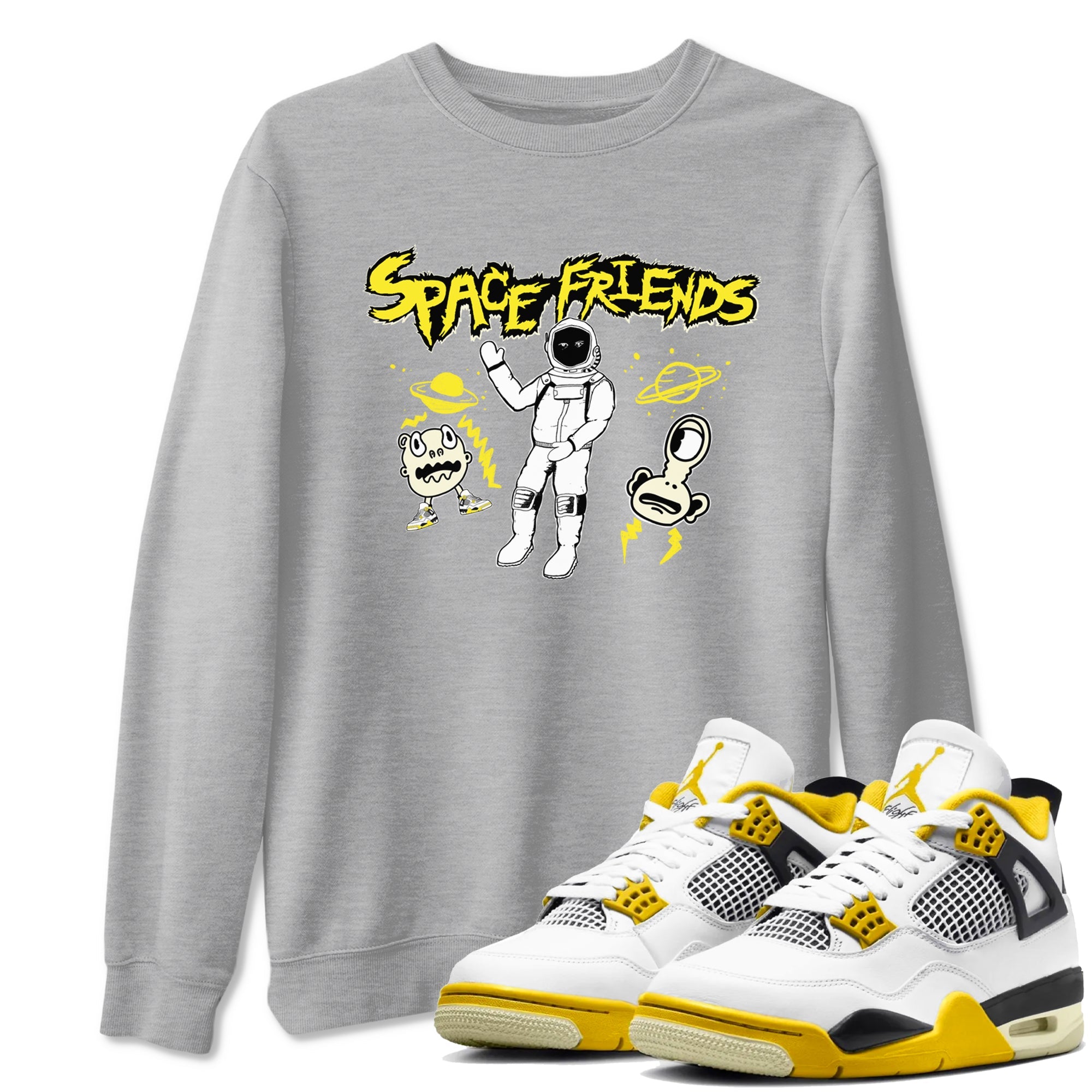 4s Vivid Sulfur shirt to match jordans Space Friends sneaker tees AJ4 Vivid Sulfur Streetwear Brand Drip Gear Zone unisex cotton Heather Grey 1 crew neck shirt