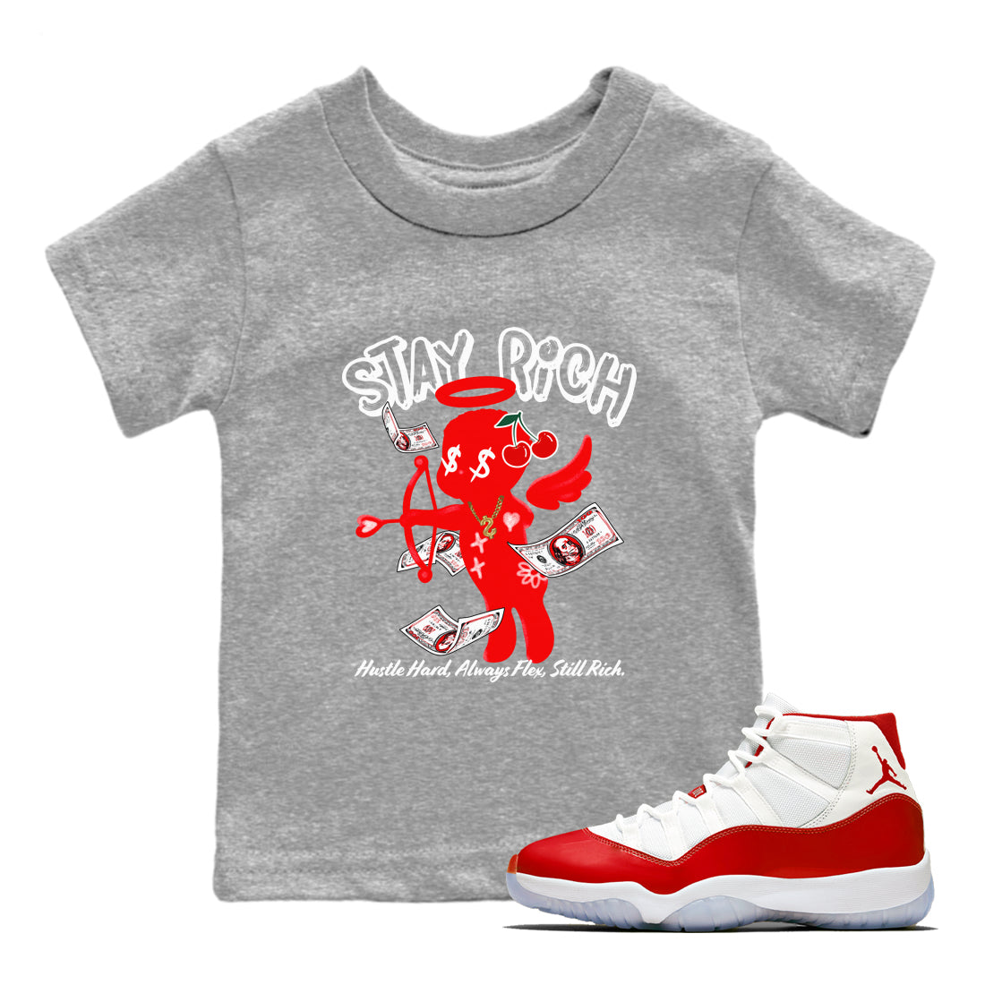 11s Cherry shirts to match jordans Stay Rich sneaker match tees Air Jordan 11 Retro Cherry match shoes to clothes Drip Gear Zone Youth Baby Heather Grey 1 tee