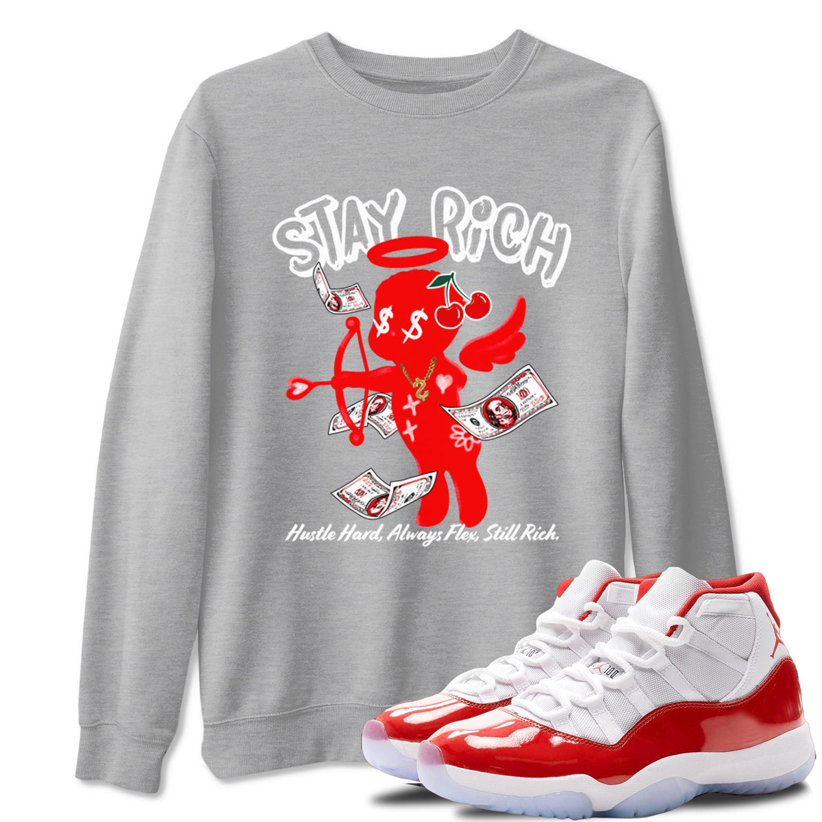 11s Cherry shirts to match jordans Stay Rich sneaker match tees Air Jordan 11 Retro Cherry match shoes to clothes Drip Gear Zone unisex cotton Heather Grey 1 shirts
