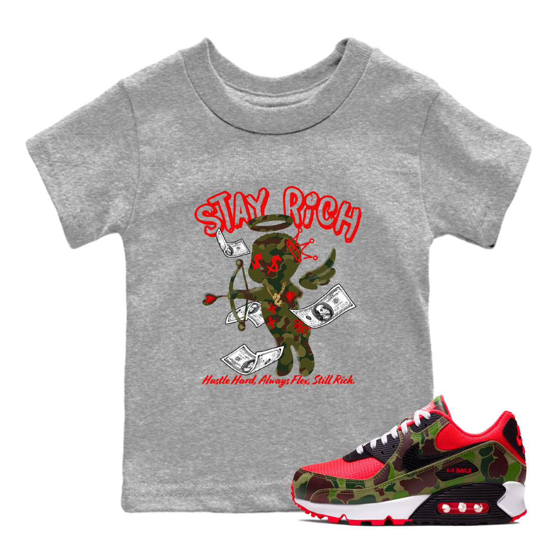 Air Max 90 Duck Camo shirts to match jordans Stay Rich sneaker match tees Air Max 90 Reverse Duck Camo match shoes to clothes Drip Gear Zone Youth Baby Heather Grey 1 tee