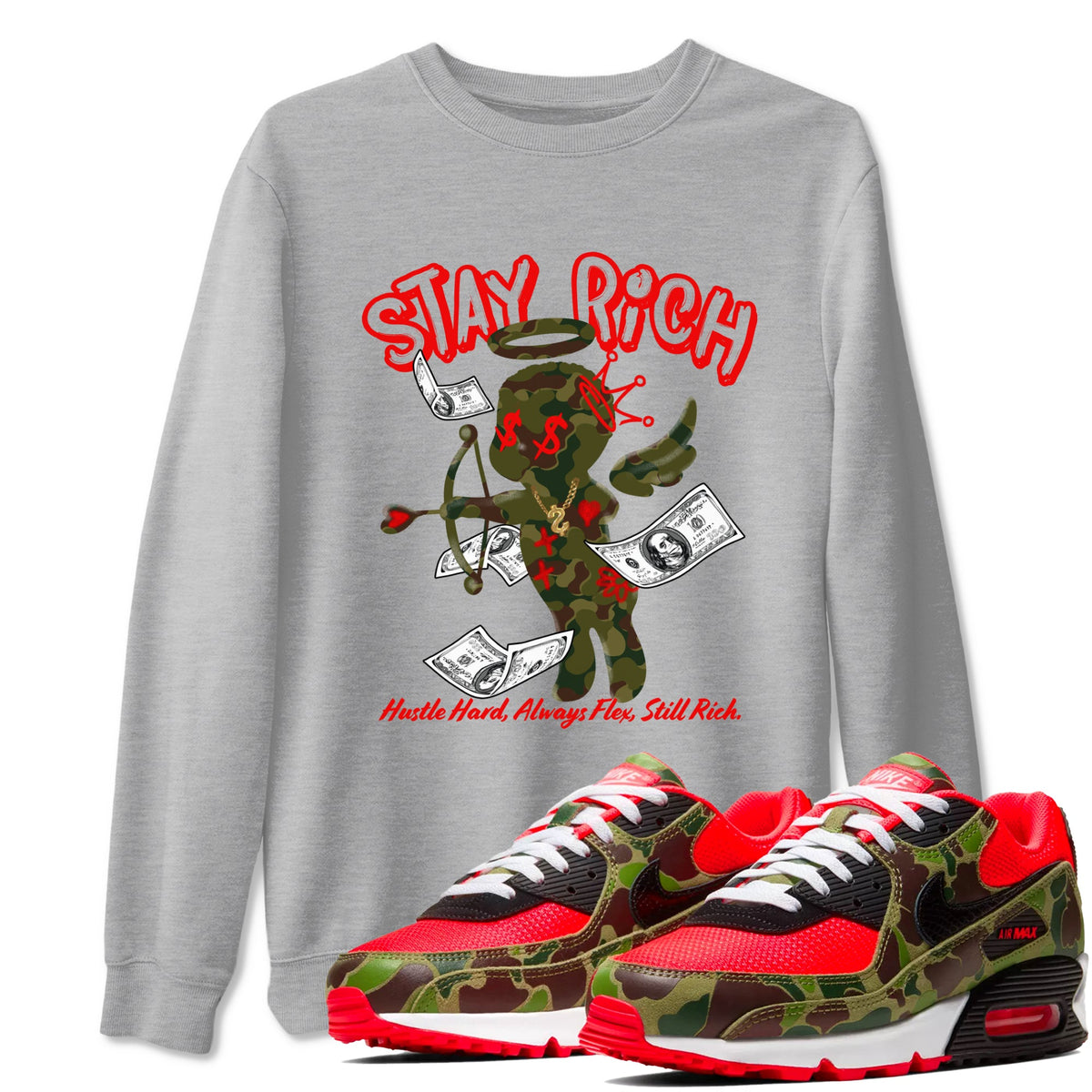 Air Max 90 Duck Camo shirts to match jordans Stay Rich sneaker match tees Air Max 90 Reverse Duck Camo match shoes to clothes Drip Gear Zone unisex cotton Heather Grey 1 shirts