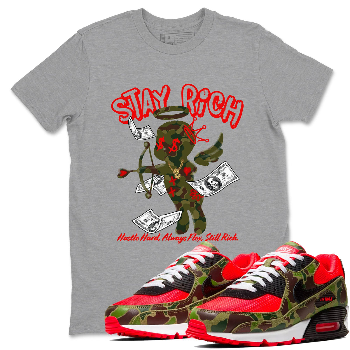 Air Max 90 Duck Camo shirts to match jordans Stay Rich sneaker match tees Air Max 90 Reverse Duck Camo match shoes to clothes Drip Gear Zone unisex cotton Heather Grey 1 shirts