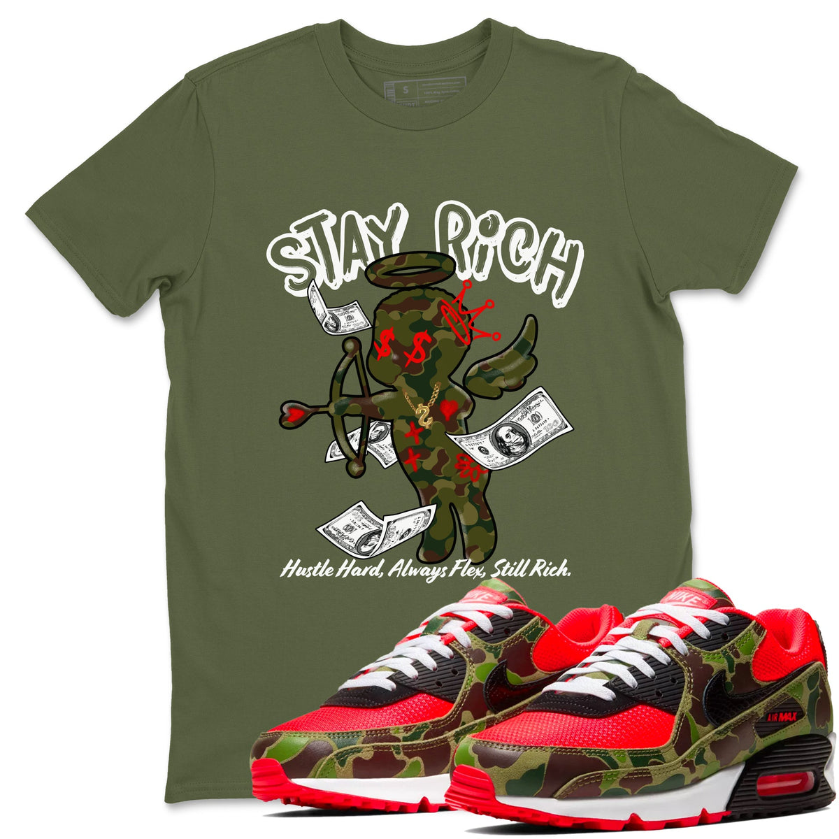 Air Max 90 Duck Camo shirts to match jordans Stay Rich sneaker match tees Air Max 90 Reverse Duck Camo match shoes to clothes Drip Gear Zone unisex cotton Military Green 1 shirts