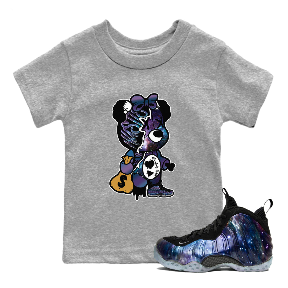 Air Foamposite One Galaxy shirts to match jordans Stitched Hustle Bear sneaker match tees Air Foamposite One Galaxy Drip Gear Zone Youth Baby Heather Grey 1 crew neck shirts