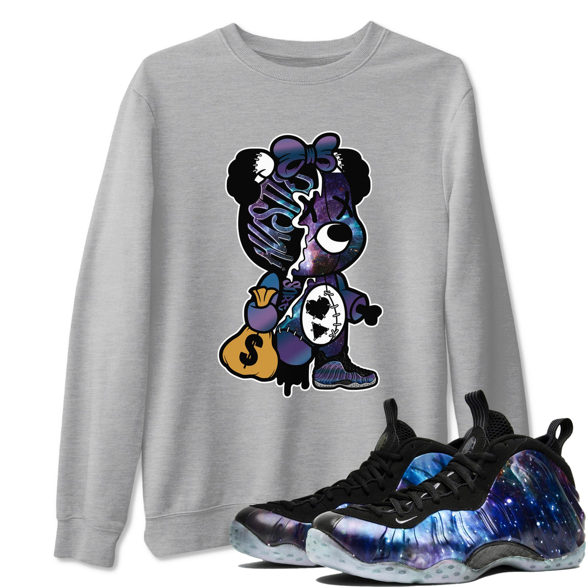 Air Foamposite One Galaxy shirts to match jordans Stitched Hustle Bear sneaker match tees Air Foamposite One Galaxy Drip Gear Zone unisex cotton Heather Grey 1 crew neck shirts