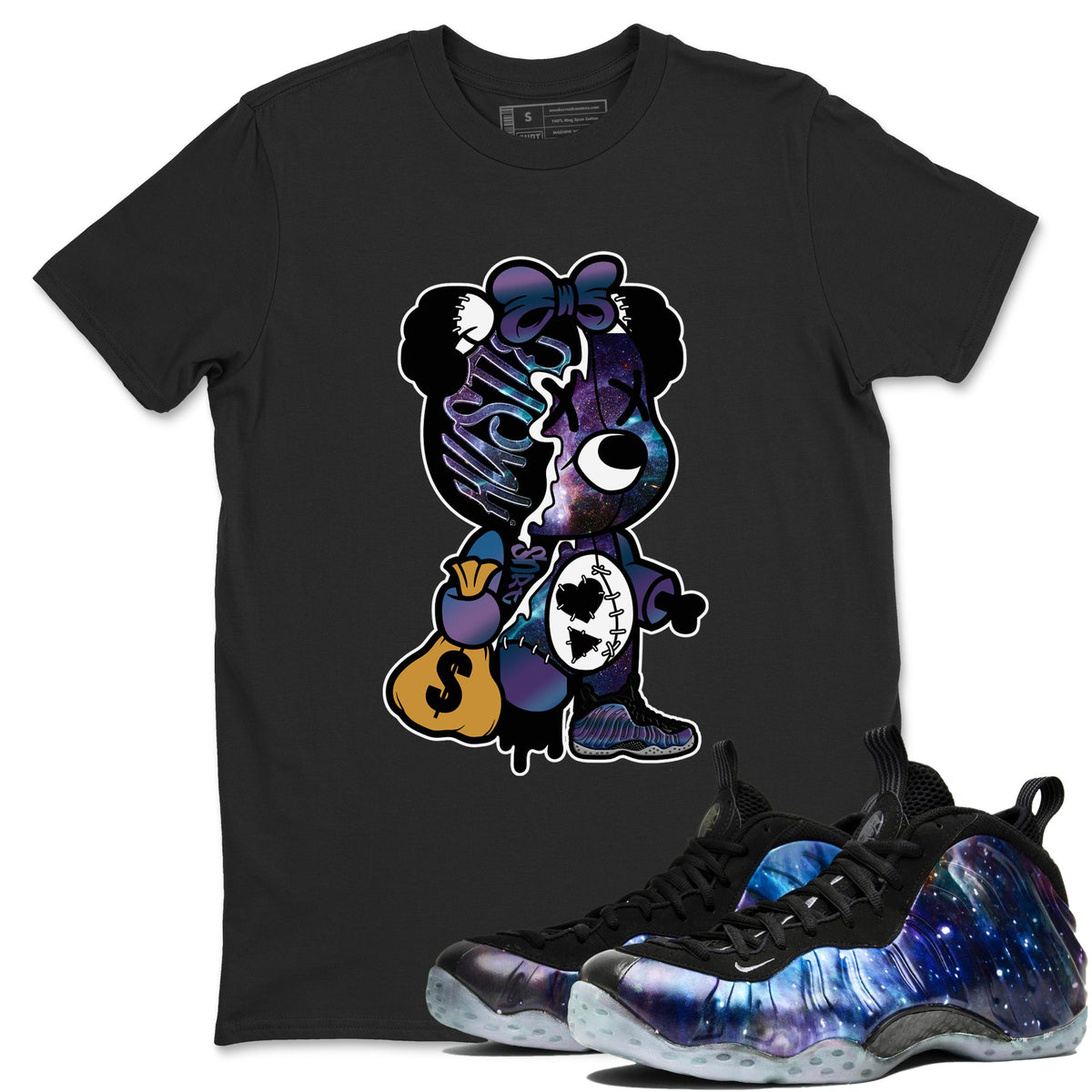Air Foamposite One Galaxy shirts to match jordans Stitched Hustle Bear sneaker match tees Air Foamposite One Galaxy Drip Gear Zone unisex cotton Black 1 crew neck shirts
