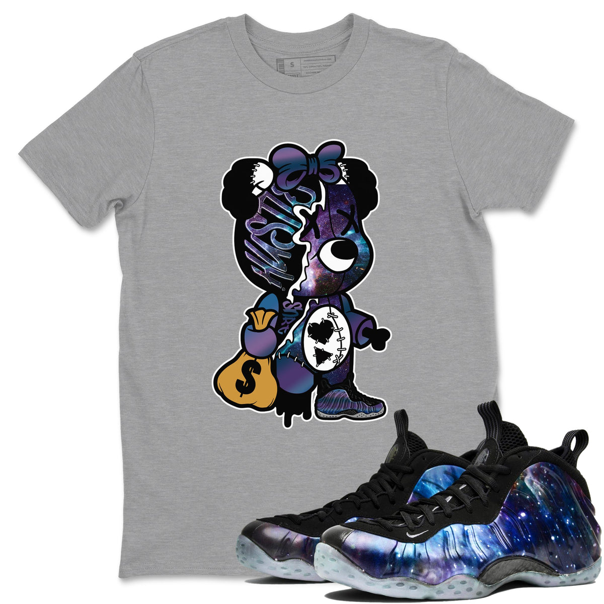Air Foamposite One Galaxy shirts to match jordans Stitched Hustle Bear sneaker match tees Air Foamposite One Galaxy Drip Gear Zone unisex cotton Heather Grey 1 crew neck shirts