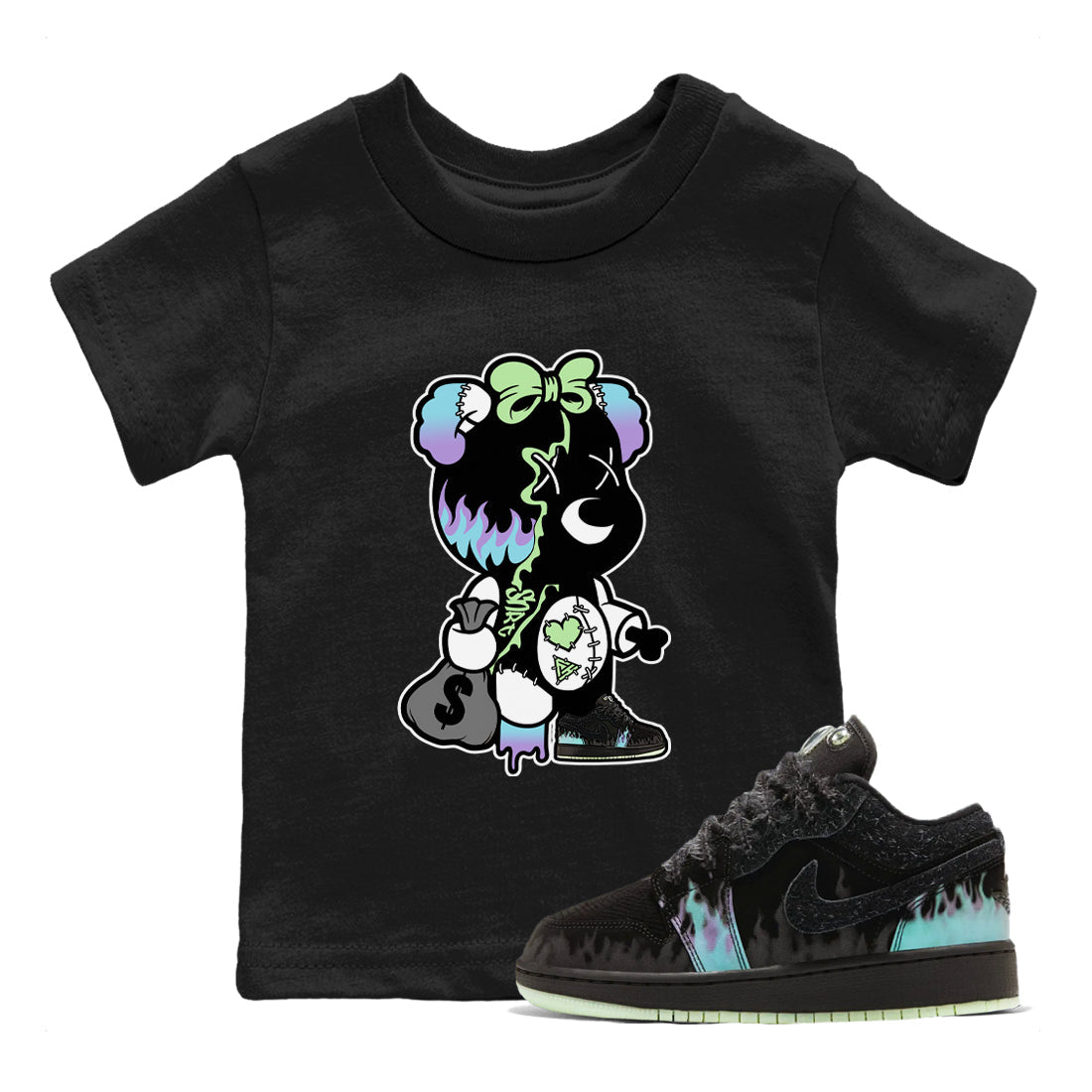1s Fortune Fly shirts to match jordans Stitched Hustle Bear sneaker match tees Air Jordan 1 Fortune Fly match shoes to clothes Drip Gear Zone Youth Baby Black 1 tee