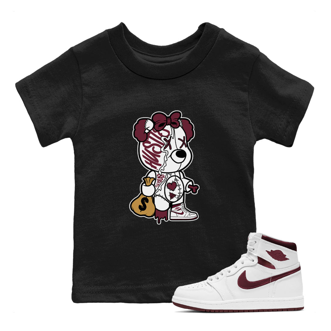Air Jordan 1 High OG Metallic Burgundy shirts to match jordans Stitched Hustle Bear sneaker match tees Air Jordan 1 Metallic Burgundy Drip Gear Zone streetwear brand Baby and Youth Black 1 cotton tee