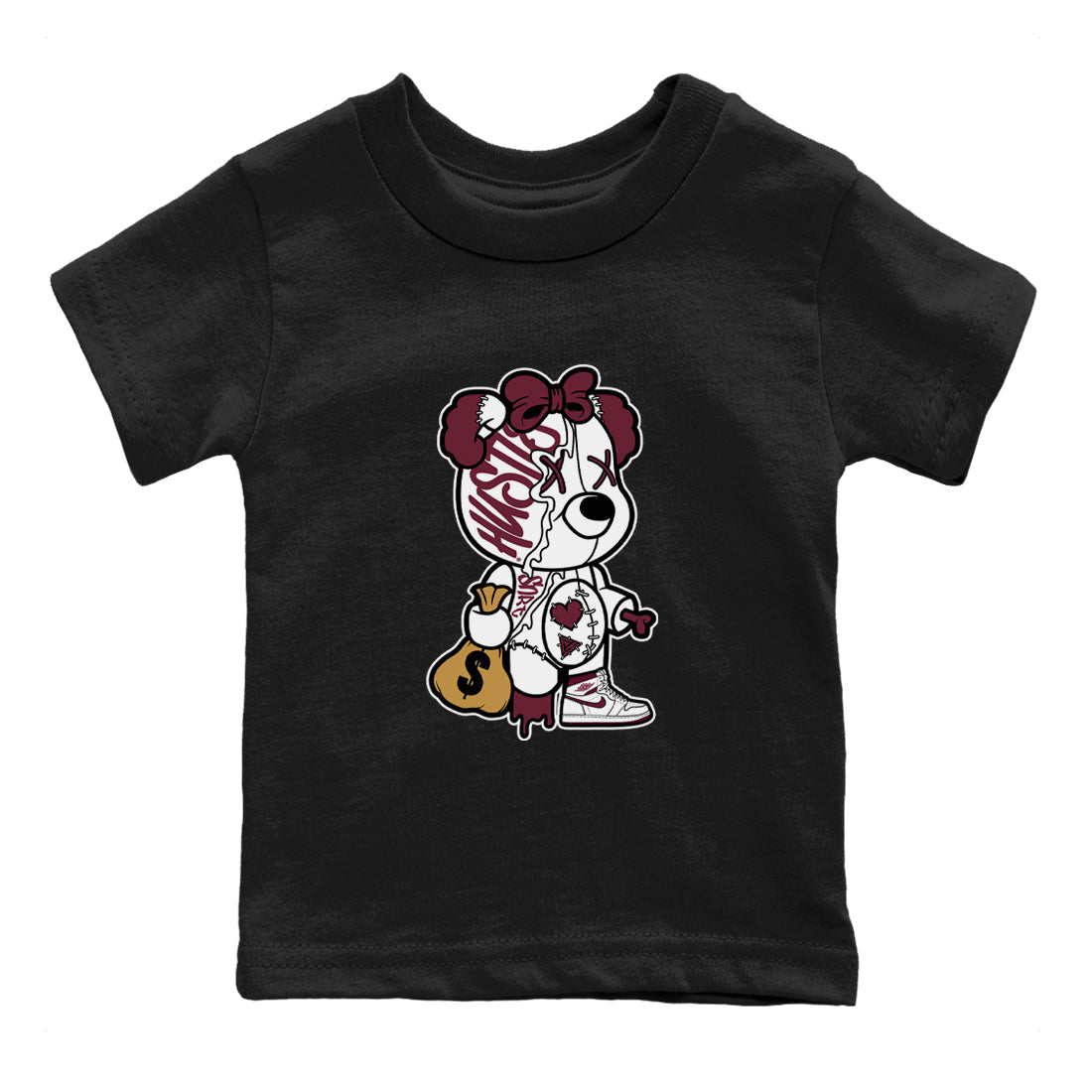 Air Jordan 1 High OG Metallic Burgundy shirts to match jordans Stitched Hustle Bear sneaker match tees Air Jordan 1 Metallic Burgundy Drip Gear Zone streetwear brand Baby and Youth Black 2 cotton tee