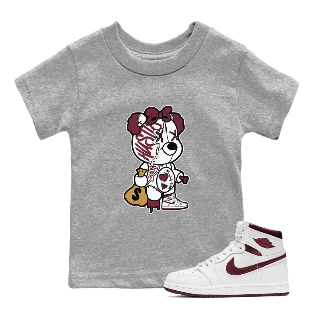 Air Jordan 1 High OG Metallic Burgundy shirts to match jordans Stitched Hustle Bear sneaker match tees Air Jordan 1 Metallic Burgundy Drip Gear Zone streetwear brand Baby and Youth Heather Grey 1 cotton tee