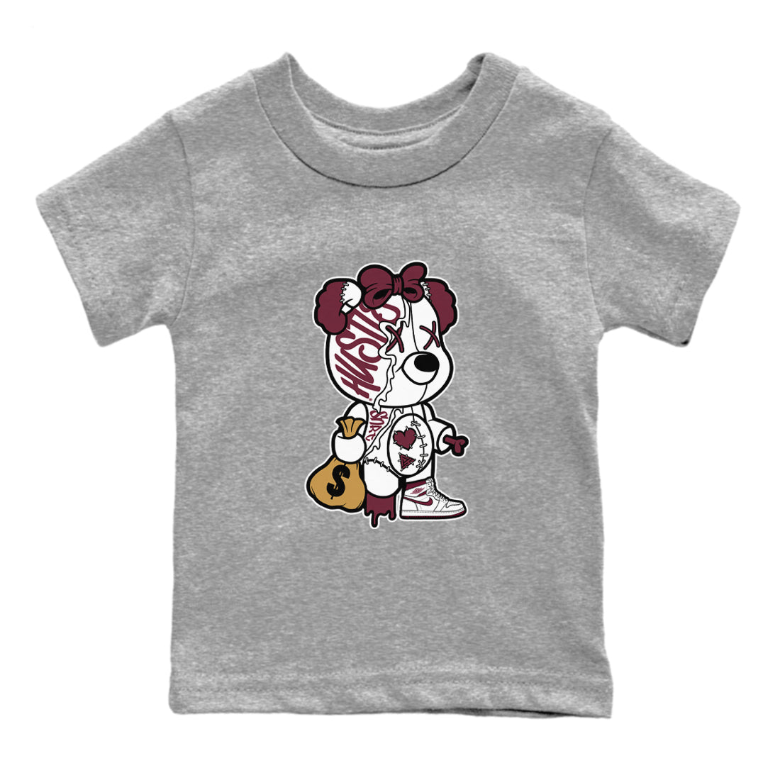 Air Jordan 1 High OG Metallic Burgundy shirts to match jordans Stitched Hustle Bear sneaker match tees Air Jordan 1 Metallic Burgundy Drip Gear Zone streetwear brand Baby and Youth Heather Grey 2 cotton tee
