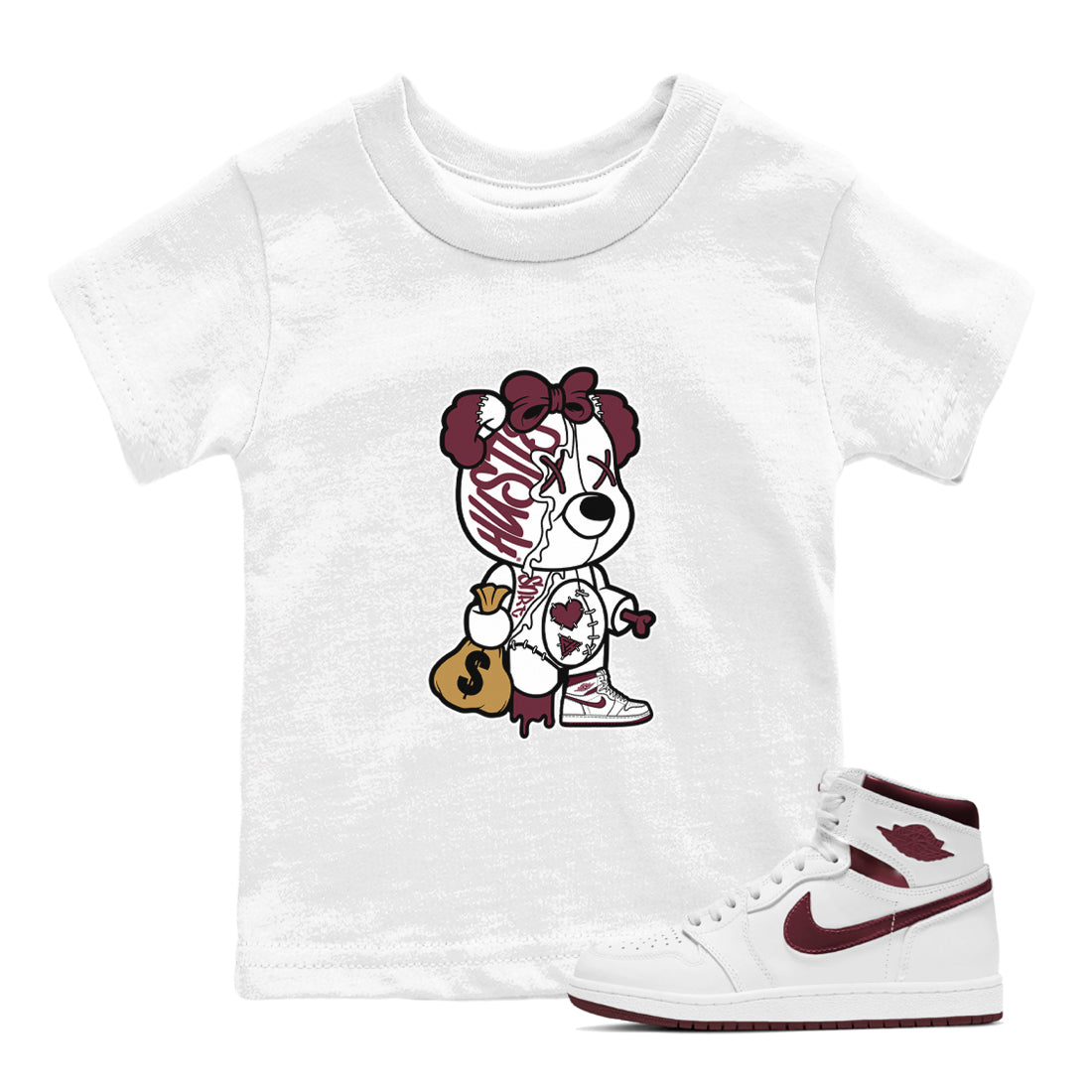 Air Jordan 1 High OG Metallic Burgundy shirts to match jordans Stitched Hustle Bear sneaker match tees Air Jordan 1 Metallic Burgundy Drip Gear Zone streetwear brand Baby and Youth White 1 cotton tee