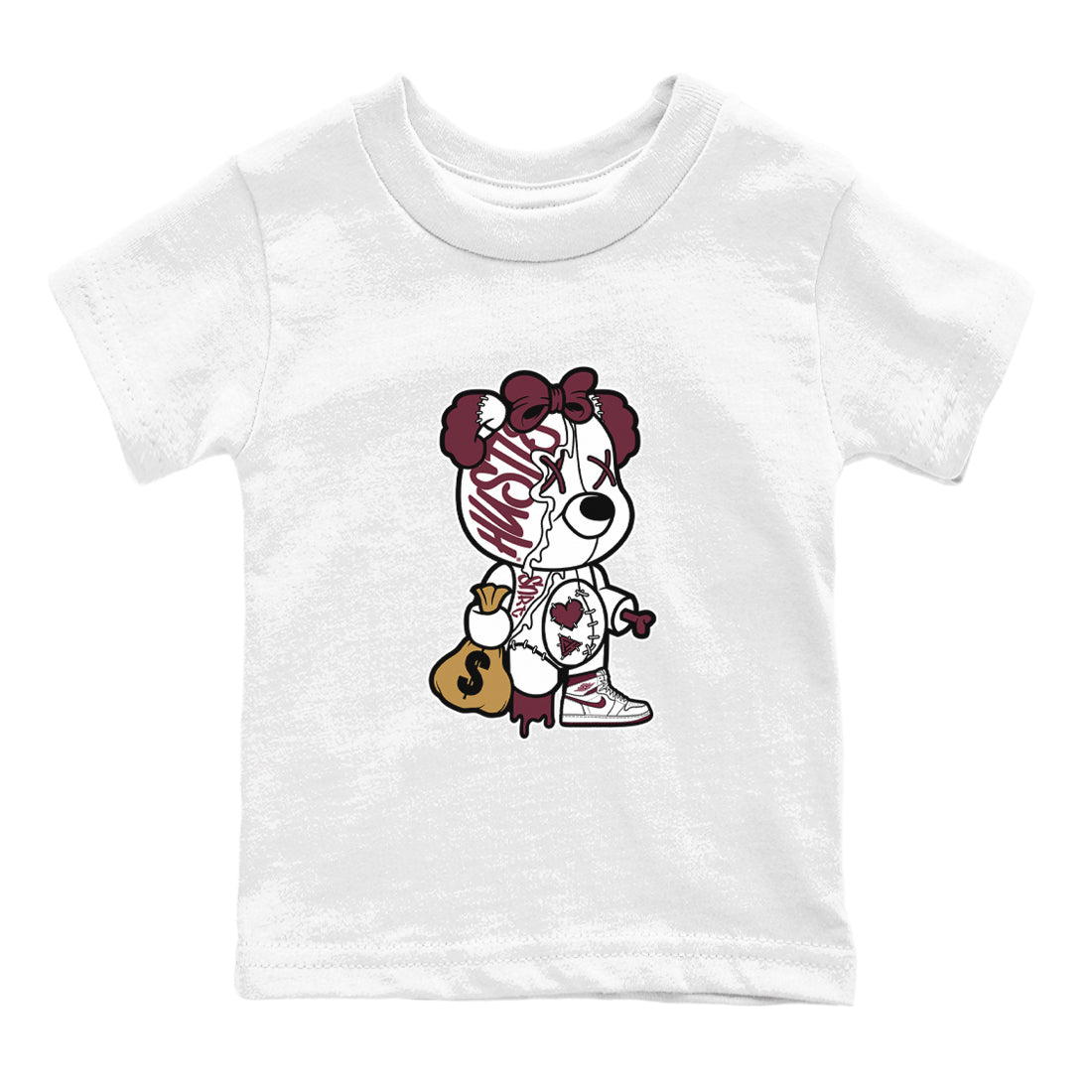 Air Jordan 1 High OG Metallic Burgundy shirts to match jordans Stitched Hustle Bear sneaker match tees Air Jordan 1 Metallic Burgundy Drip Gear Zone streetwear brand Baby and Youth White 2 cotton tee