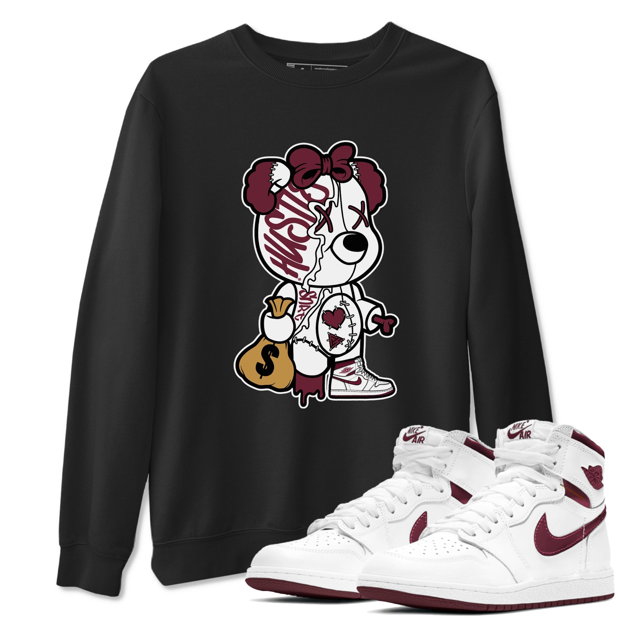 Air Jordan 1 High OG Metallic Burgundy shirts to match jordans Stitched Hustle Bear sneaker match tees Air Jordan 1 Metallic Burgundy Drip Gear Zone streetwear brand Black 1 unisex cotton tee