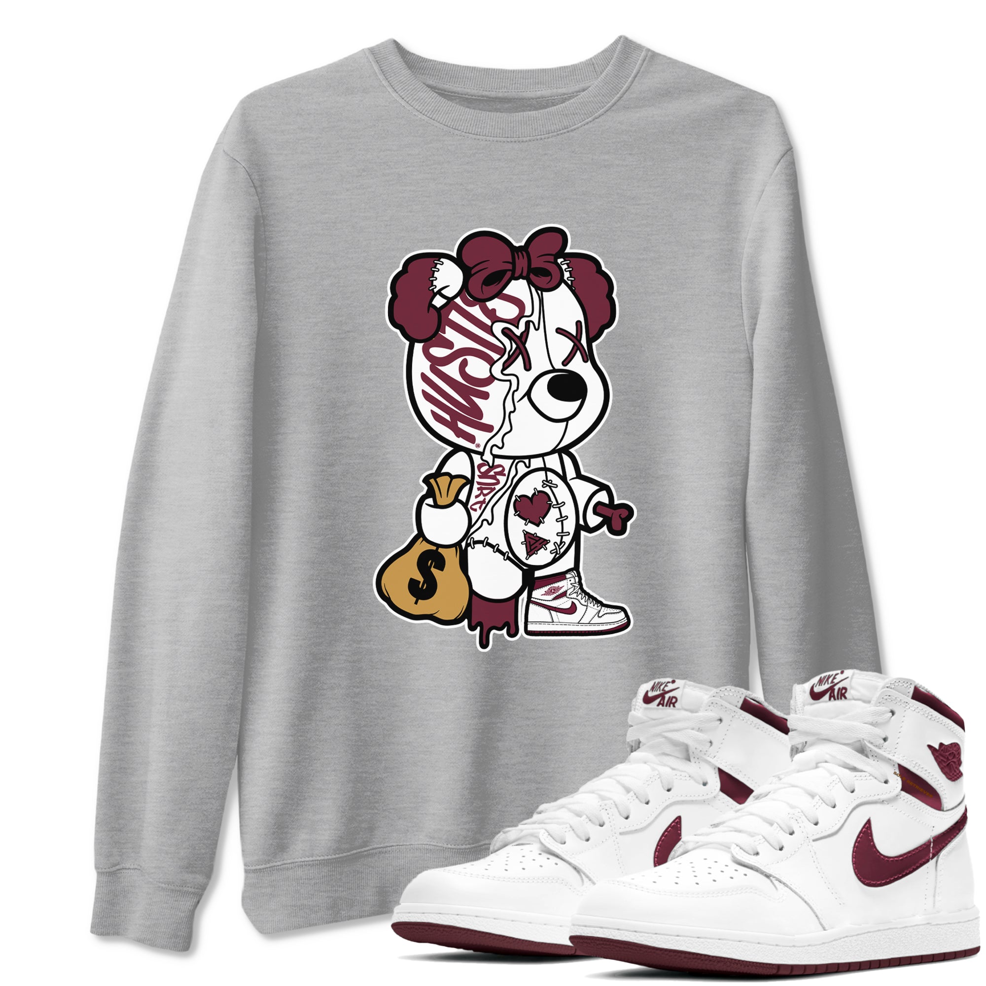 Air Jordan 1 High OG Metallic Burgundy shirts to match jordans Stitched Hustle Bear sneaker match tees Air Jordan 1 Metallic Burgundy Drip Gear Zone streetwear brand Heather Grey 1 unisex cotton tee