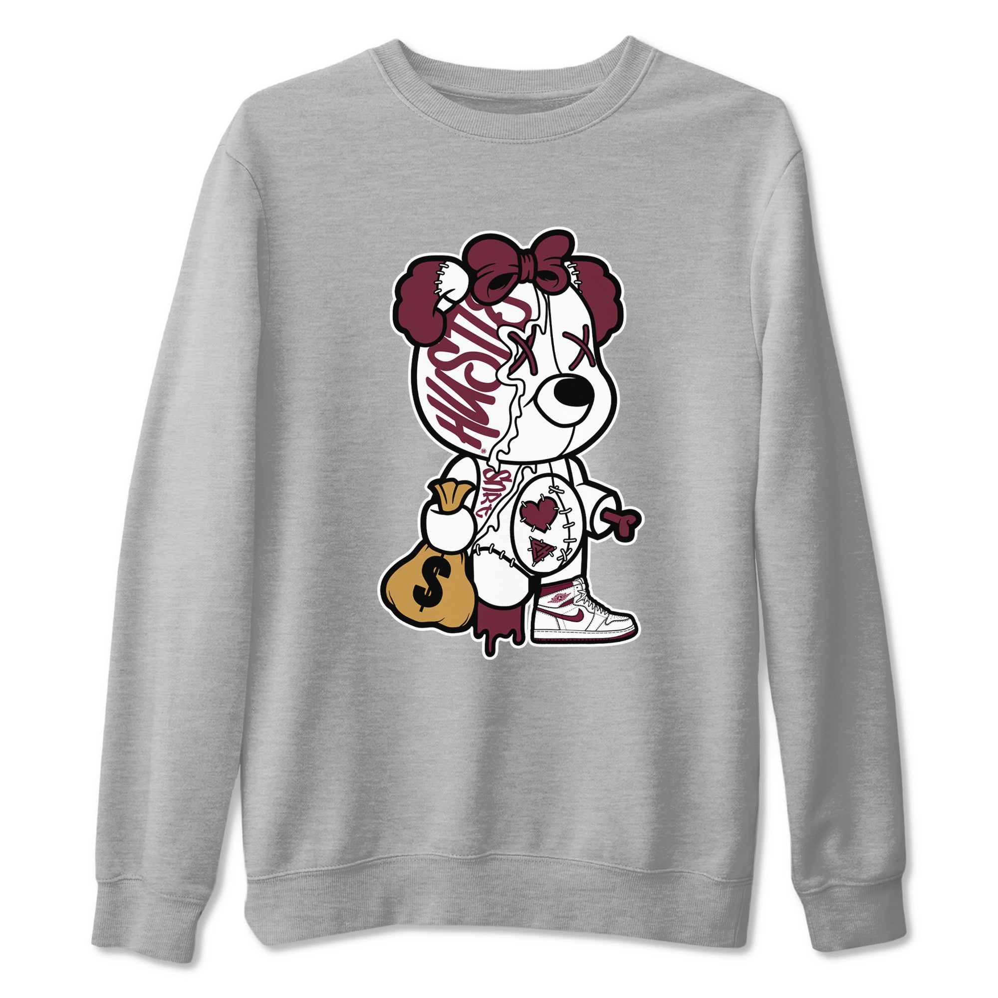 Air Jordan 1 High OG Metallic Burgundy shirts to match jordans Stitched Hustle Bear sneaker match tees Air Jordan 1 Metallic Burgundy Drip Gear Zone streetwear brand Heather Grey 2 unisex cotton tee