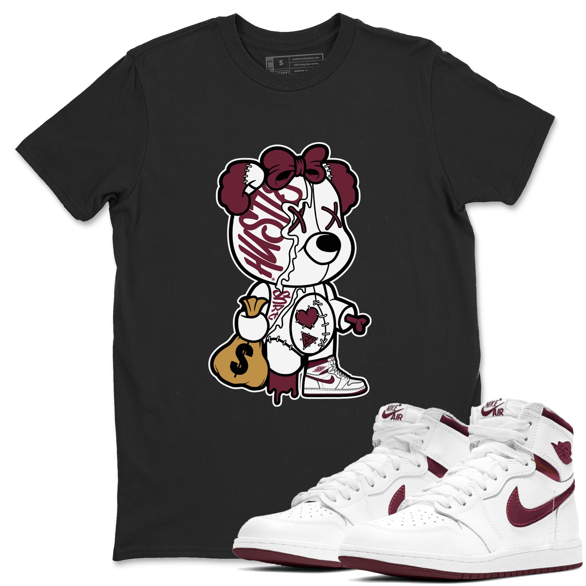 Air Jordan 1 High OG Metallic Burgundy shirts to match jordans Stitched Hustle Bear sneaker match tees Air Jordan 1 Metallic Burgundy Drip Gear Zone streetwear brand Black 1 unisex cotton tee
