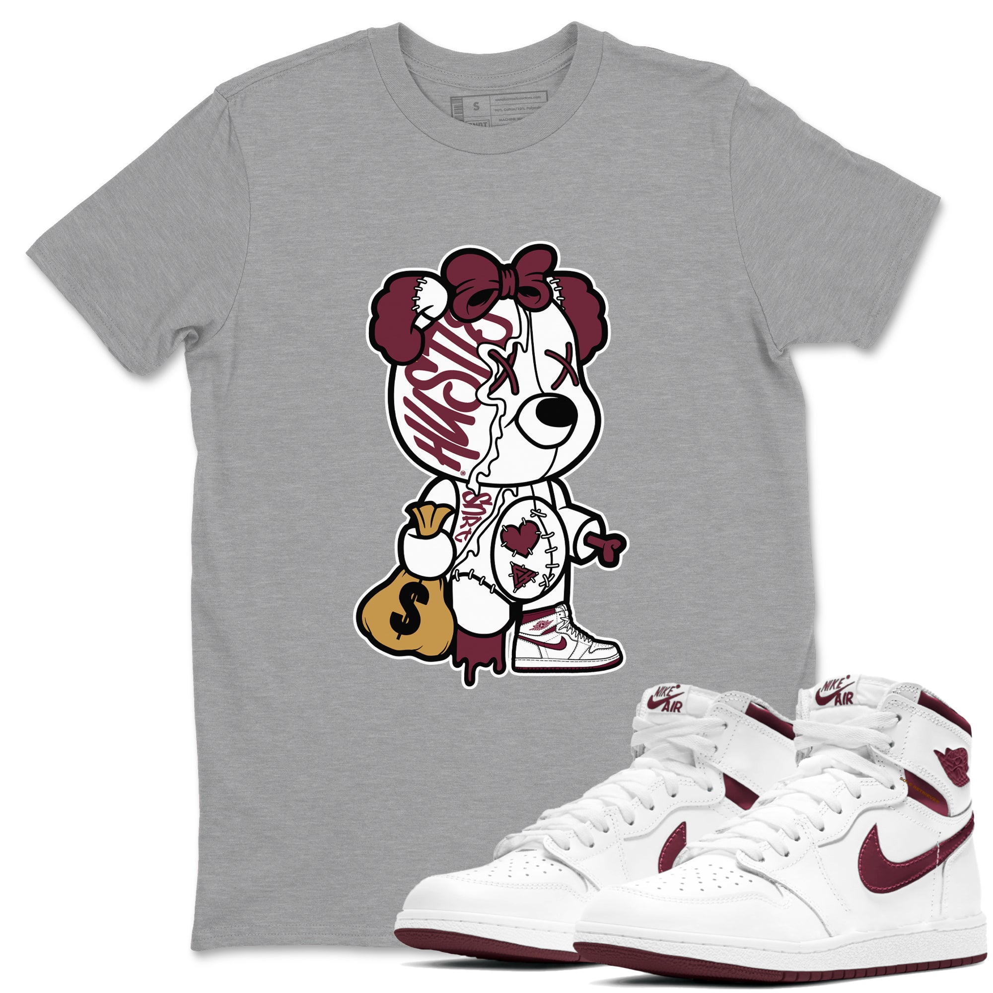 Air Jordan 1 High OG Metallic Burgundy shirts to match jordans Stitched Hustle Bear sneaker match tees Air Jordan 1 Metallic Burgundy Drip Gear Zone streetwear brand Heather Grey 1 unisex cotton tee