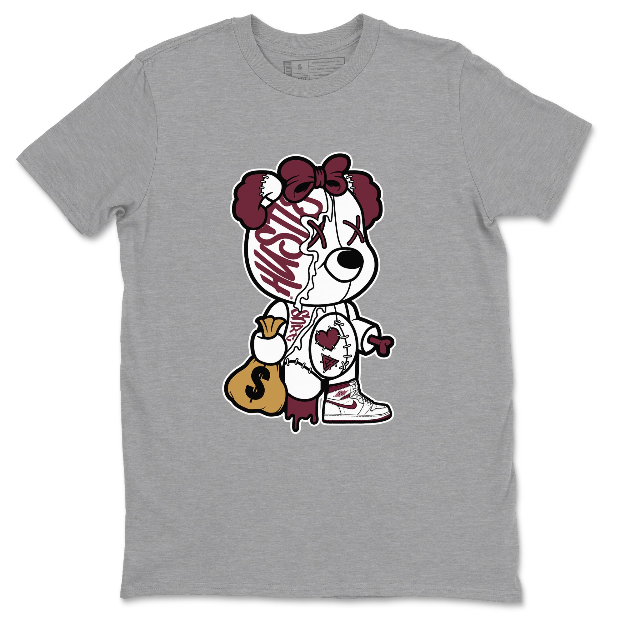Air Jordan 1 High OG Metallic Burgundy shirts to match jordans Stitched Hustle Bear sneaker match tees Air Jordan 1 Metallic Burgundy Drip Gear Zone streetwear brand Heather Grey 2 unisex cotton tee