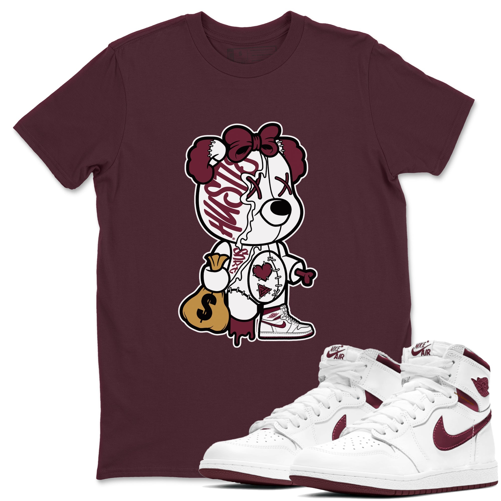 Air Jordan 1 High OG Metallic Burgundy shirts to match jordans Stitched Hustle Bear sneaker match tees Air Jordan 1 Metallic Burgundy Drip Gear Zone streetwear brand Maroon 1 unisex cotton tee