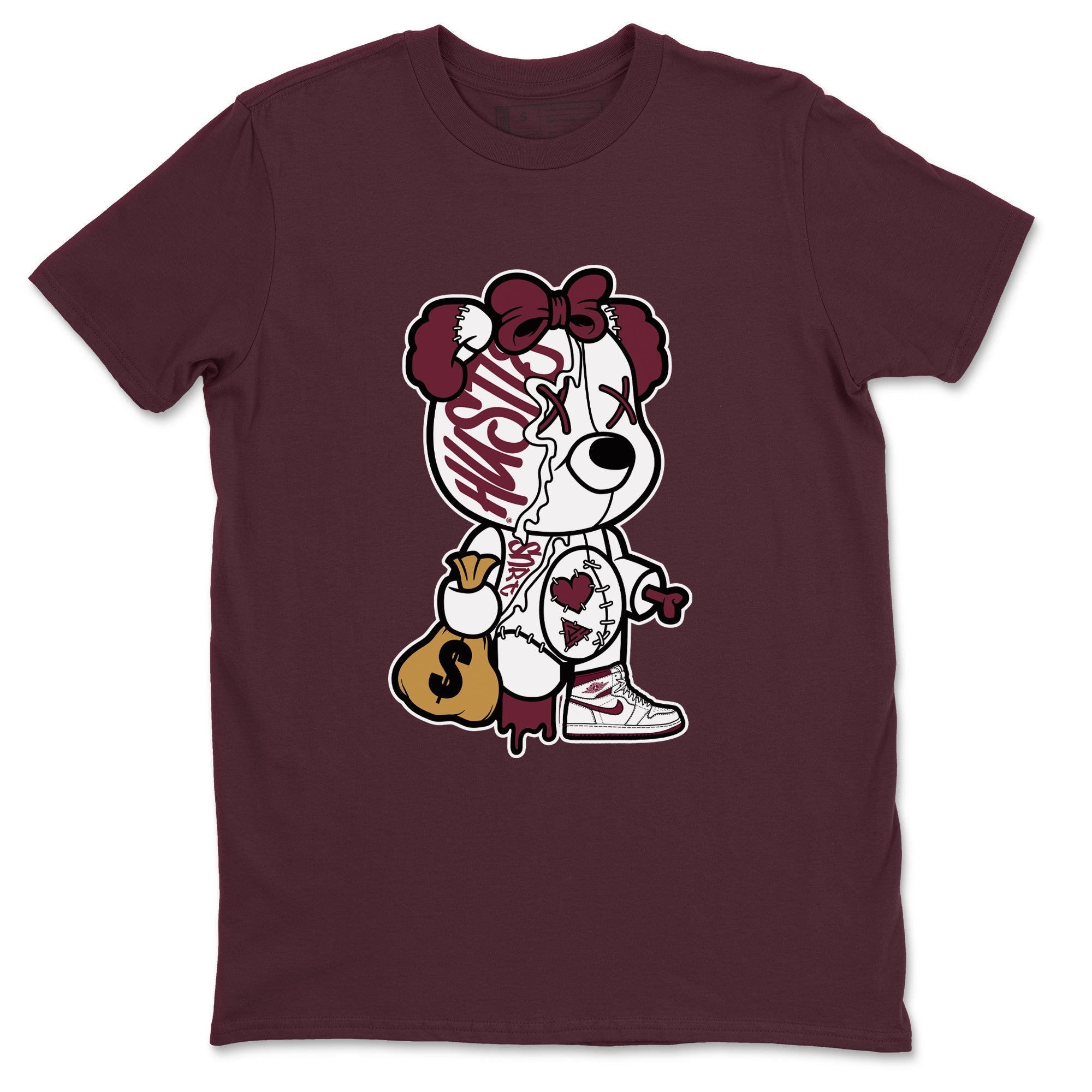 Air Jordan 1 High OG Metallic Burgundy shirts to match jordans Stitched Hustle Bear sneaker match tees Air Jordan 1 Metallic Burgundy Drip Gear Zone streetwear brand Maroon 2 unisex cotton tee