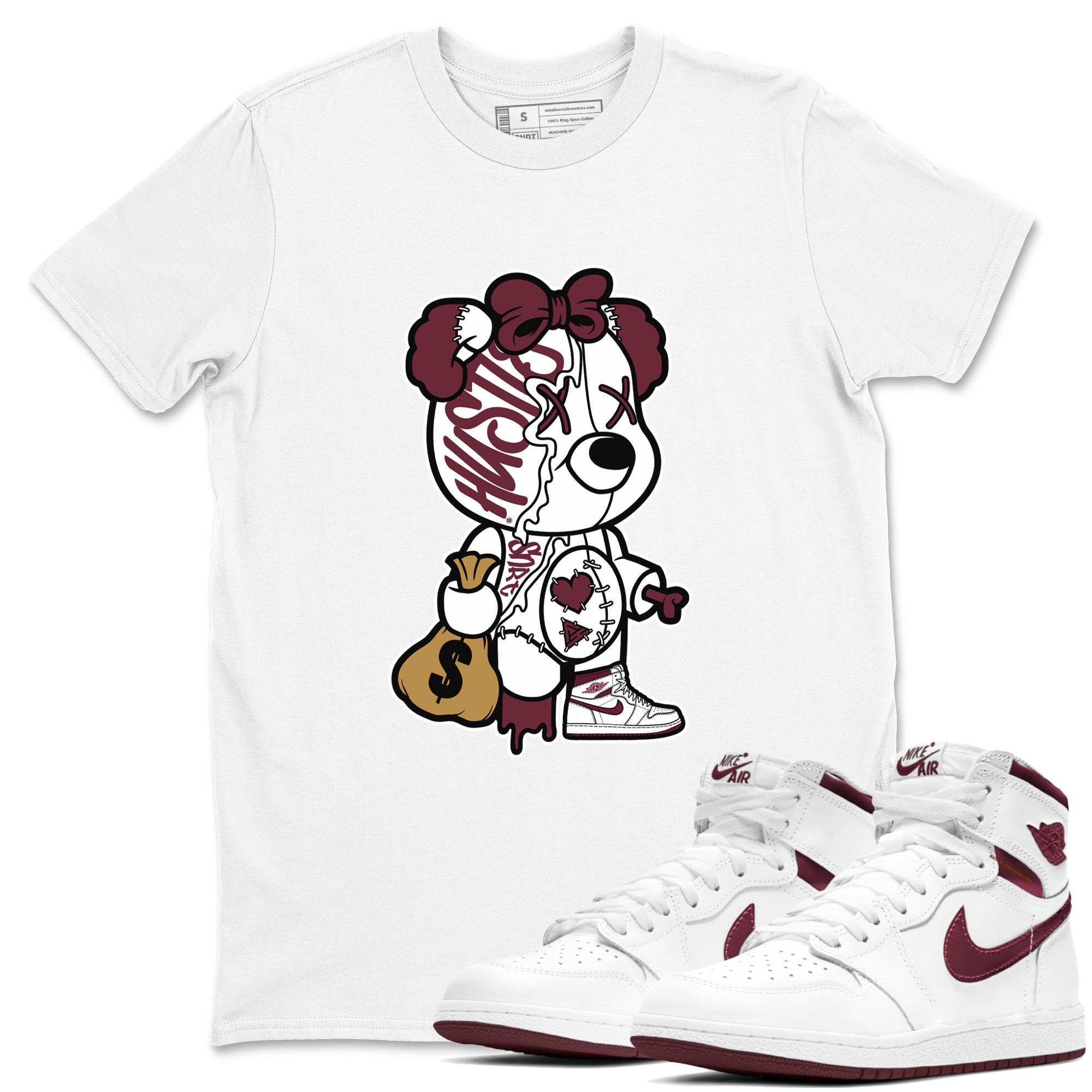 Air Jordan 1 High OG Metallic Burgundy shirts to match jordans Stitched Hustle Bear sneaker match tees Air Jordan 1 Metallic Burgundy Drip Gear Zone streetwear brand White 1 unisex cotton tee