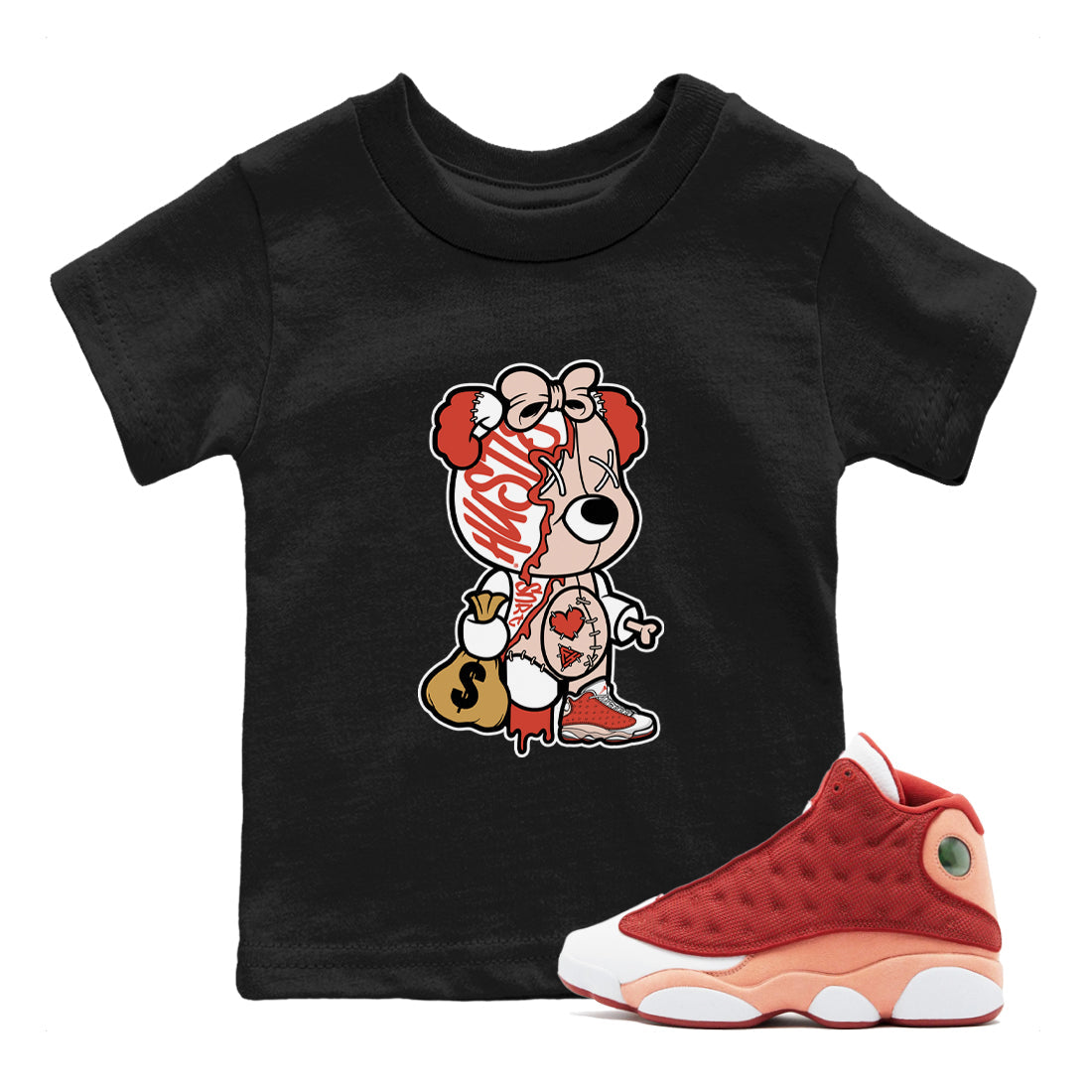13s Dune Red shirts to match jordans Stitched Hustle Bear sneaker match tees Air Jordan 13 Dune Red Drip Gear Zone streetwear brand Baby and Youth Black 1 cotton tee