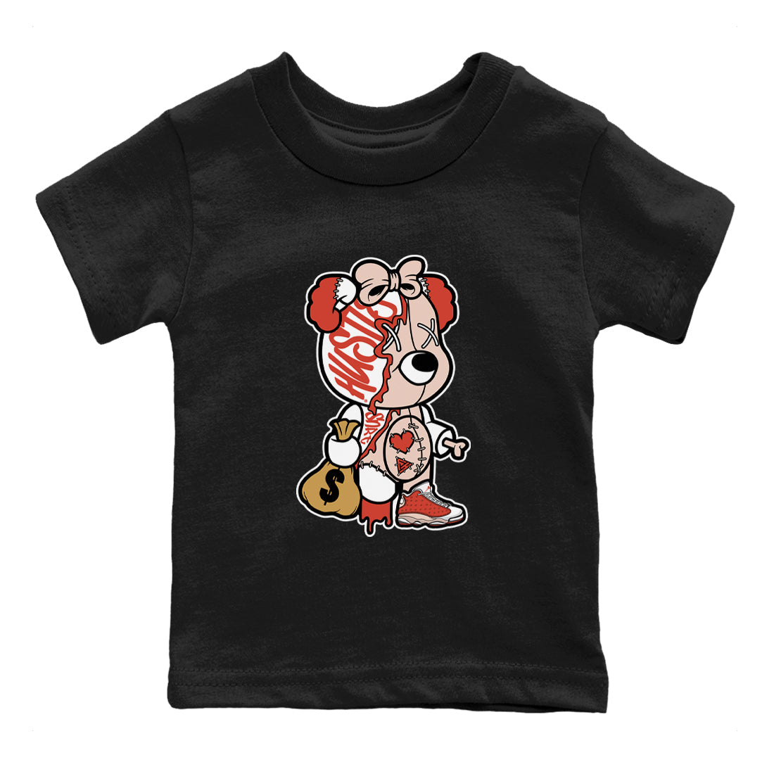13s Dune Red shirts to match jordans Stitched Hustle Bear sneaker match tees Air Jordan 13 Dune Red Drip Gear Zone streetwear brand Baby and Youth Black 2 cotton tee