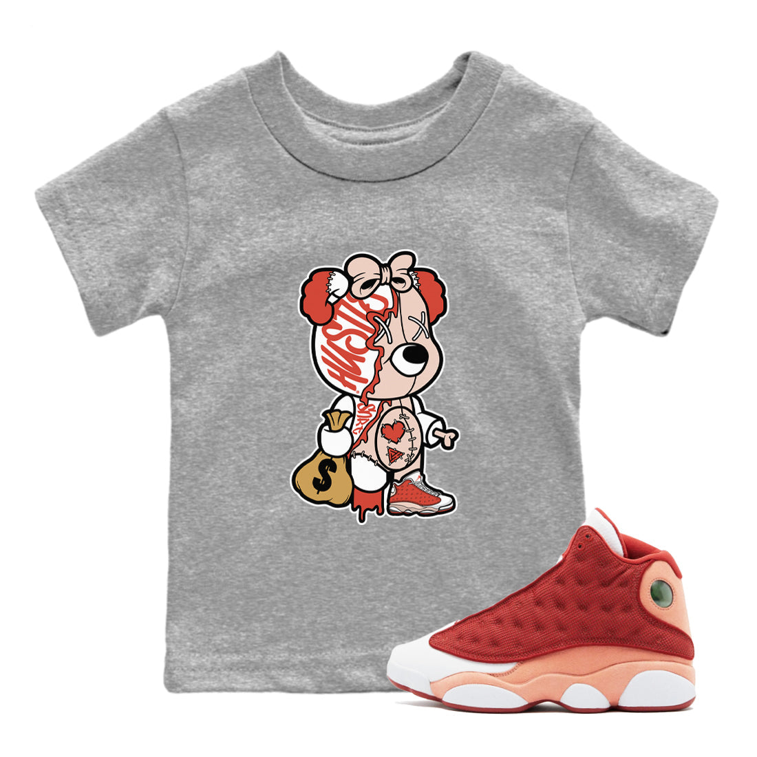 13s Dune Red shirts to match jordans Stitched Hustle Bear sneaker match tees Air Jordan 13 Dune Red Drip Gear Zone streetwear brand Baby and Youth Heather Grey 1 cotton tee