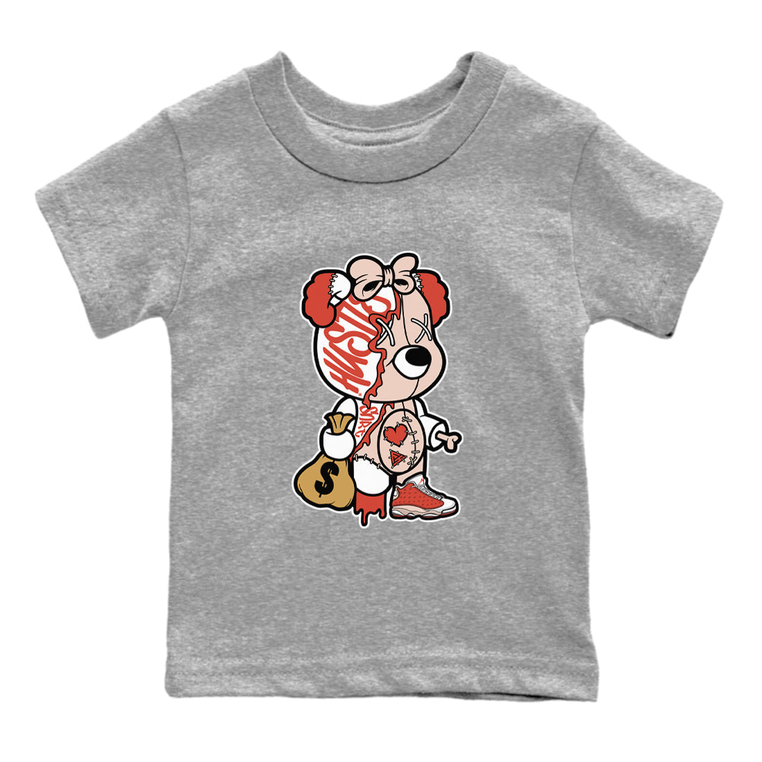 13s Dune Red shirts to match jordans Stitched Hustle Bear sneaker match tees Air Jordan 13 Dune Red Drip Gear Zone streetwear brand Baby and Youth Heather Grey 2 cotton tee