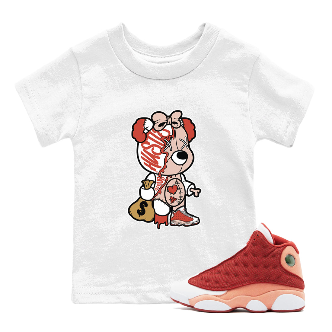 13s Dune Red shirts to match jordans Stitched Hustle Bear sneaker match tees Air Jordan 13 Dune Red Drip Gear Zone streetwear brand Baby and Youth White 1 cotton tee