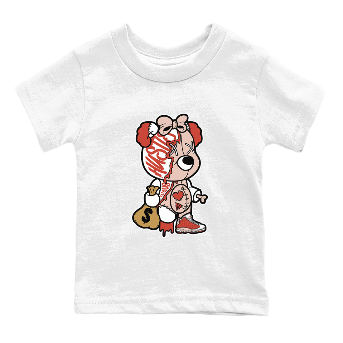 13s Dune Red shirts to match jordans Stitched Hustle Bear sneaker match tees Air Jordan 13 Dune Red Drip Gear Zone streetwear brand Baby and Youth White 2 cotton tee