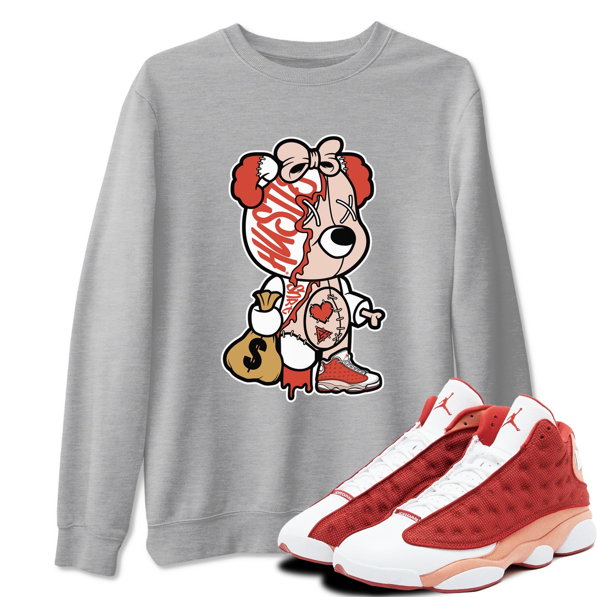 13s Dune Red shirts to match jordans Stitched Hustle Bear sneaker match tees Air Jordan 13 Dune Red Drip Gear Zone streetwear brand Heather Grey 1 unisex cotton tee