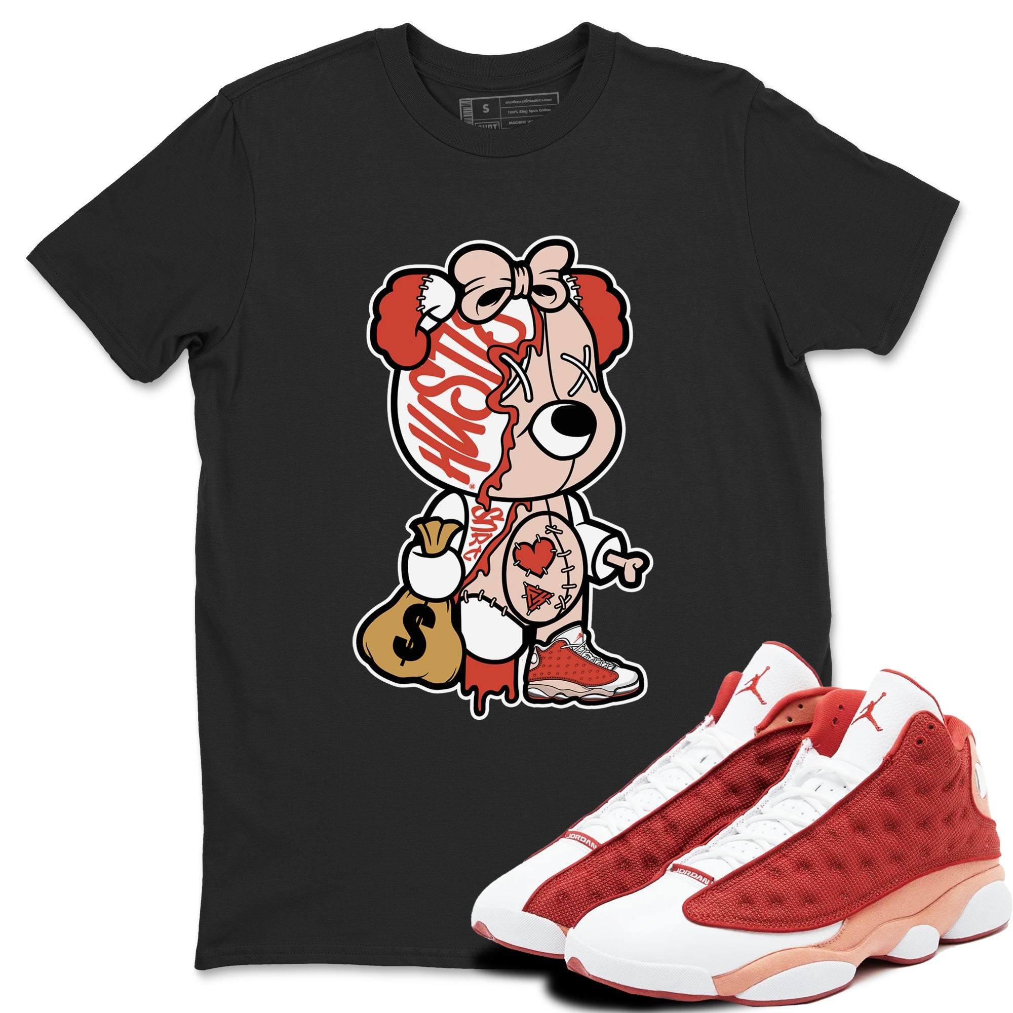 13s Dune Red shirts to match jordans Stitched Hustle Bear sneaker match tees Air Jordan 13 Dune Red Drip Gear Zone streetwear brand Black 1 unisex cotton tee